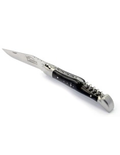 Laguiole pliant, 12 cm, abeille forgée, lame & tire-bouchon, mitres inox mat, manche en bois d'ébène