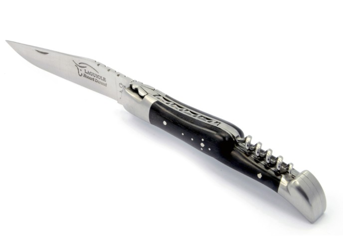 Laguiole pliant, 12 cm, abeille forgée, lame & tire-bouchon, mitres inox mat, manche en bois d'ébène