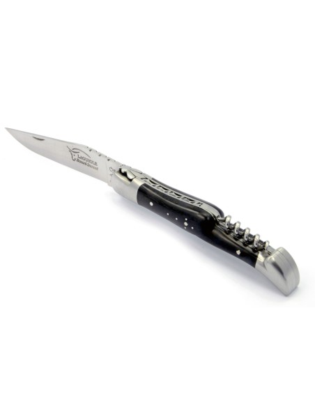 Laguiole pliant, 12 cm, abeille forgée, lame & tire-bouchon, mitres inox mat, manche en bois d'ébène