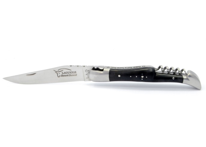 Laguiole pliant, 12 cm, abeille forgée, lame & tire-bouchon, mitres inox mat, manche en bois d'ébène