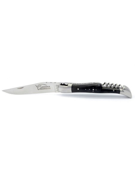 Laguiole pliant, 12 cm, abeille forgée, lame & tire-bouchon, mitres inox mat, manche en bois d'ébène