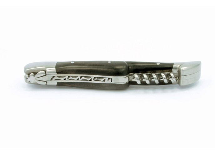 Laguiole pliant, 12 cm, abeille forgée, lame & tire-bouchon, mitres inox mat, manche en bois d'ébène