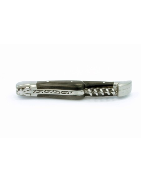Laguiole pliant, 12 cm, abeille forgée, lame & tire-bouchon, mitres inox mat, manche en bois d'ébène