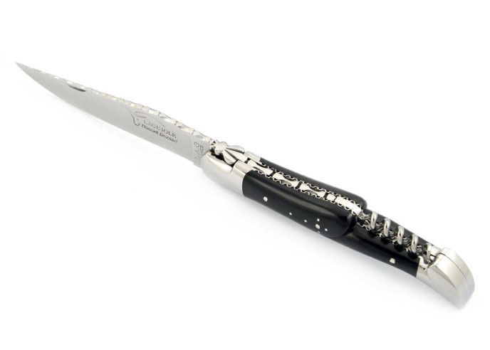 Laguiole pliant 12 cm, lame & tire-bouchon, ciselé dessus dessous,  mitres inox brillant, manche en bois d'ébène