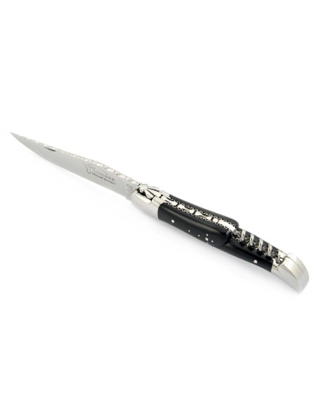 Laguiole pliant 12 cm, lame & tire-bouchon, ciselé dessus dessous,  mitres inox brillant, manche en bois d'ébène