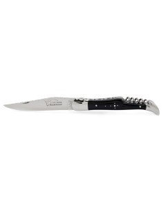 Laguiole pliant 12 cm, lame & tire-bouchon, ciselé dessus dessous,  mitres inox brillant, manche en bois d'ébène 2