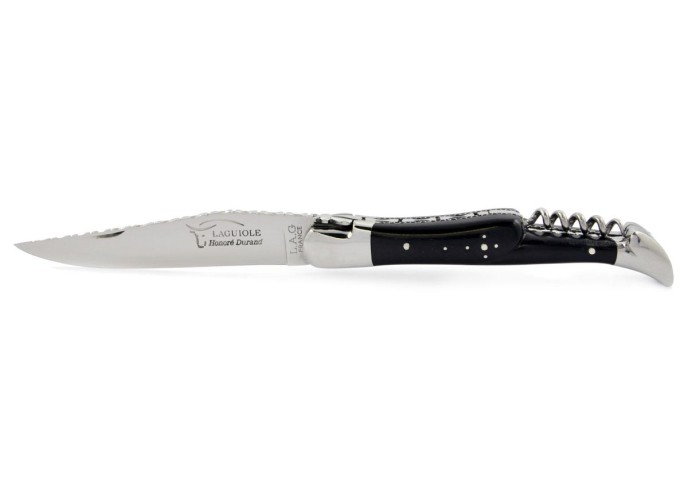 Laguiole pliant 12 cm, lame & tire-bouchon, ciselé dessus dessous,  mitres inox brillant, manche en bois d'ébène