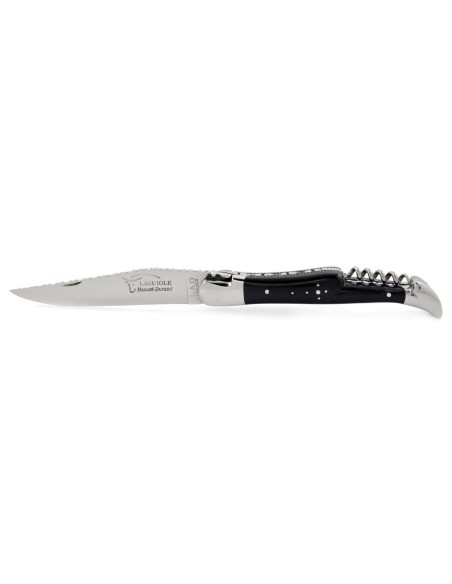 Laguiole pliant 12 cm, lame & tire-bouchon, ciselé dessus dessous,  mitres inox brillant, manche en bois d'ébène