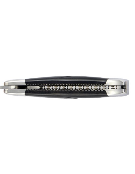 Laguiole pliant 12 cm, lame & tire-bouchon, ciselé dessus dessous,  mitres inox brillant, manche en bois d'ébène