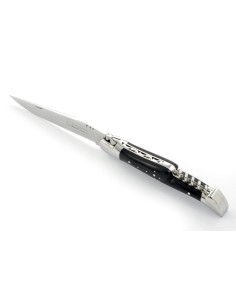 Laguiole pliant, 12 cm, abeille forgée, lame & tire-bouchon, mitres inox brillant, manche en bois d'ébène