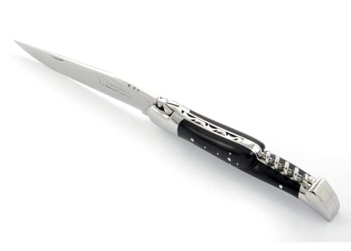 Laguiole pliant, 12 cm, abeille forgée, lame & tire-bouchon, mitres inox brillant, manche en bois d'ébène
