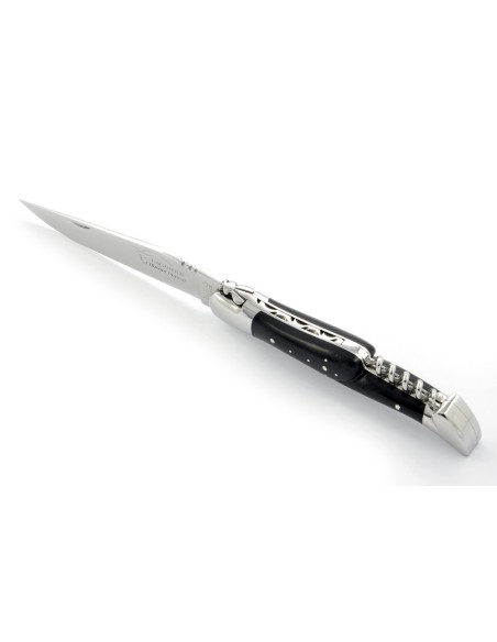 Laguiole pliant, 12 cm, abeille forgée, lame & tire-bouchon, mitres inox brillant, manche en bois d'ébène