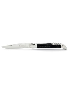 Laguiole pliant, 12 cm, abeille forgée, lame & tire-bouchon, mitres inox brillant, manche en bois d'ébène 2