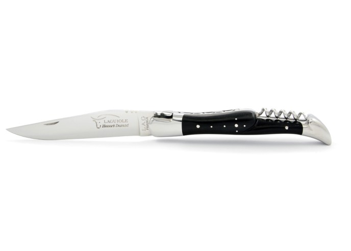 Laguiole pliant, 12 cm, abeille forgée, lame & tire-bouchon, mitres inox brillant, manche en bois d'ébène