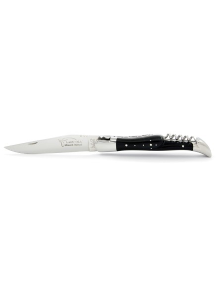 Laguiole pliant, 12 cm, abeille forgée, lame & tire-bouchon, mitres inox brillant, manche en bois d'ébène
