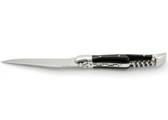 Laguiole pliant, 12 cm, abeille forgée, lame & tire-bouchon, mitres inox brillant, manche en bois d'ébène