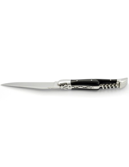 Laguiole pliant, 12 cm, abeille forgée, lame & tire-bouchon, mitres inox brillant, manche en bois d'ébène