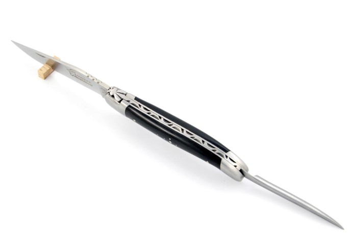 Laguiole pliant, 12 cm, abeille forgée, lame et poinçon, mitres inox mat, manche bois d'ébène
