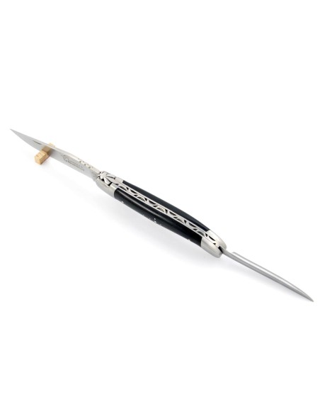 Laguiole pliant, 12 cm, abeille forgée, lame et poinçon, mitres inox mat, manche bois d'ébène
