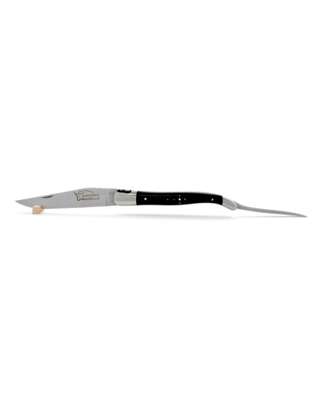 Laguiole pliant, 12 cm, abeille forgée, lame et poinçon, mitres inox mat, manche bois d'ébène