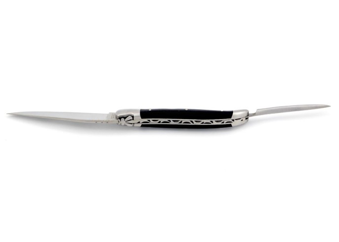 Laguiole pliant, 12 cm, abeille forgée, lame et poinçon, mitres inox mat, manche bois d'ébène