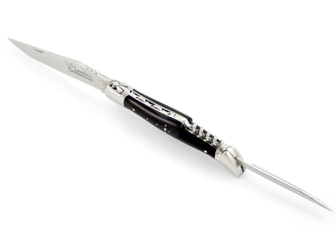 Laguiole pliant, 12 cm, lame, poinçon & tire-bouchon, mitres inox brillant, manche bois d'ébène