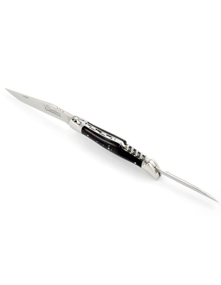 Laguiole pliant, 12 cm, lame, poinçon & tire-bouchon, mitres inox brillant, manche bois d'ébène