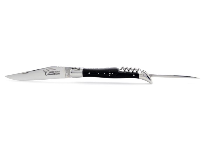 Laguiole pliant, 12 cm, lame, poinçon & tire-bouchon, mitres inox brillant, manche bois d'ébène