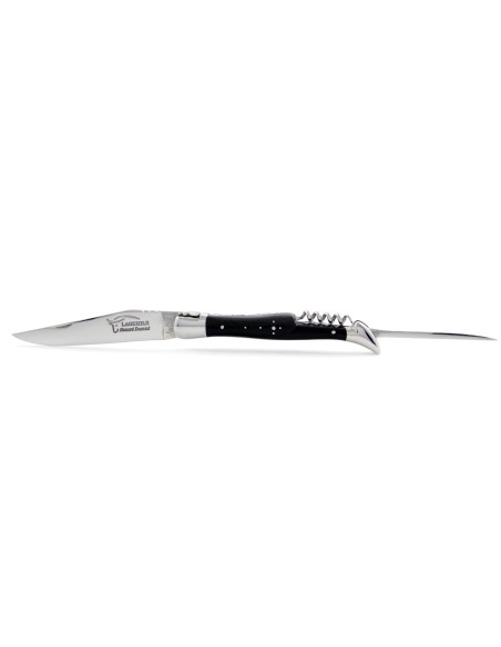 Laguiole pliant, 12 cm, lame, poinçon & tire-bouchon, mitres inox brillant, manche bois d'ébène