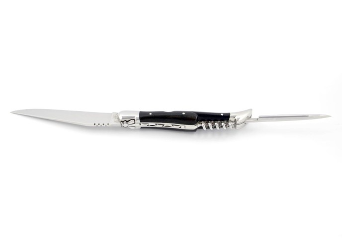 Laguiole pliant, 12 cm, lame, poinçon & tire-bouchon, mitres inox brillant, manche bois d'ébène
