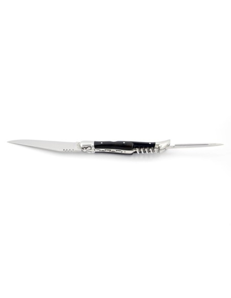 Laguiole pliant, 12 cm, lame, poinçon & tire-bouchon, mitres inox brillant, manche bois d'ébène