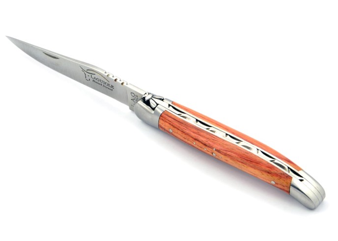 Laguiole pliant, 11 cm, abeille forgée, lame seule, mitres inox mat, manche en bois de rose