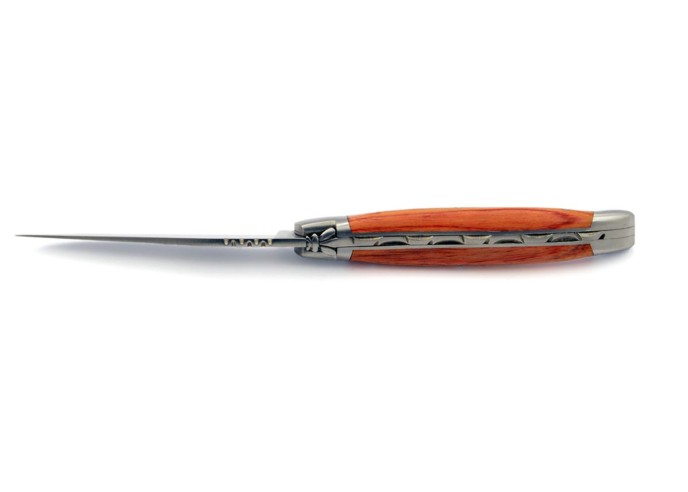 Laguiole pliant, 11 cm, abeille forgée, lame seule, mitres inox mat, manche en bois de rose
