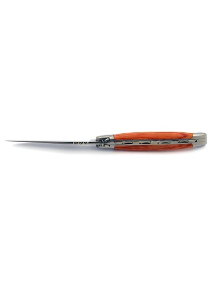 Laguiole pliant, 11 cm, abeille forgée, lame seule, mitres inox mat, manche en bois de rose