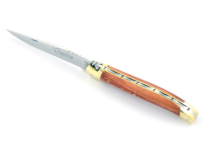 Laguiole pliant, 11 cm, abeille forgée, lame seule, mitres laiton, manche en bois de rose
