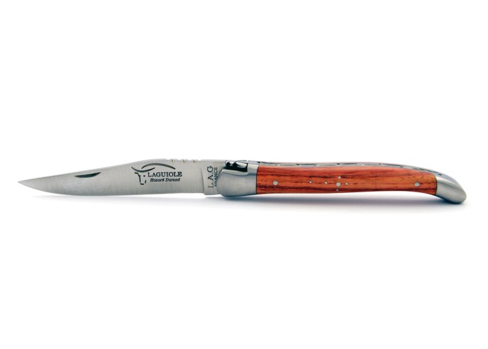 Laguiole pliant, 12 cm, abeille forgée, lame seule, mitres inox mat, manche bois de rose