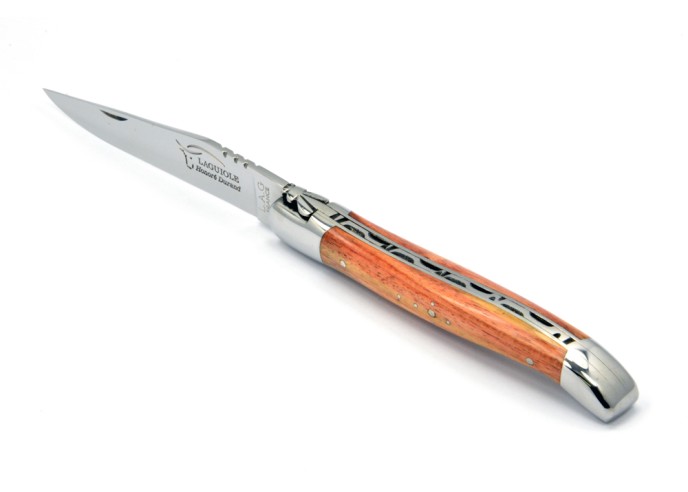 Laguiole pliant, 12 cm, abeille forgée, lame seule, mitres inox brillant, manche bois de rose