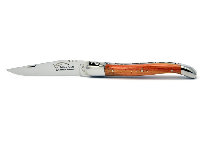 Laguiole pliant, 12 cm, abeille forgée, lame seule, mitres inox brillant, manche bois de rose