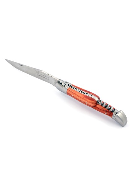 Laguiole pliant, 12 cm, abeille forgée, lame & tire-bouchon, mitres inox mat, manche bois de rose