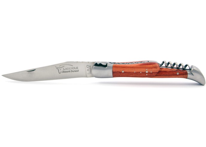 Laguiole pliant, 12 cm, abeille forgée, lame & tire-bouchon, mitres inox mat, manche bois de rose