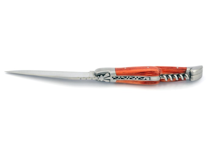 Laguiole pliant, 12 cm, abeille forgée, lame & tire-bouchon, mitres inox mat, manche bois de rose