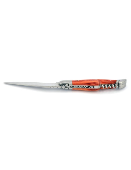 Laguiole pliant, 12 cm, abeille forgée, lame & tire-bouchon, mitres inox mat, manche bois de rose