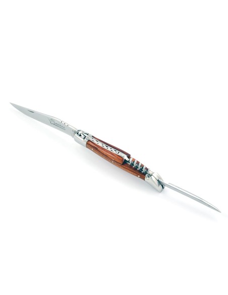 Laguiole pliant, 12 cm, lame & tire-bouchon & poinçon, abeille forgée, mitres inox brillant, manche bois de rose