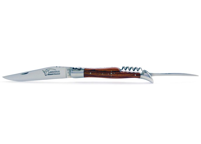 Laguiole pliant, 12 cm, lame & tire-bouchon & poinçon, abeille forgée, mitres inox brillant, manche bois de rose