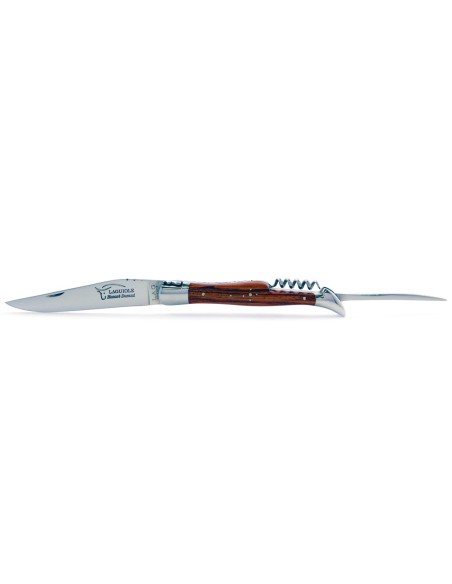 Laguiole pliant, 12 cm, lame & tire-bouchon & poinçon, abeille forgée, mitres inox brillant, manche bois de rose