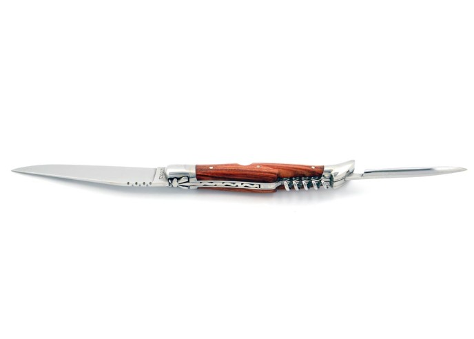 Laguiole pliant, 12 cm, lame & tire-bouchon & poinçon, abeille forgée, mitres inox brillant, manche bois de rose