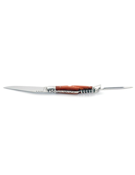 Laguiole pliant, 12 cm, lame & tire-bouchon & poinçon, abeille forgée, mitres inox brillant, manche bois de rose