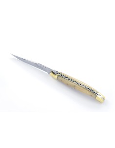 Laguiole pliant, 11 cm, abeille forgée, lame seule, mitres laiton, manche en pointe de corne (claire)