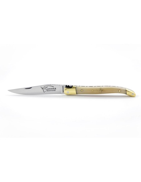 Laguiole pliant, 11 cm, abeille forgée, lame seule, mitres laiton, manche en pointe de corne (claire)