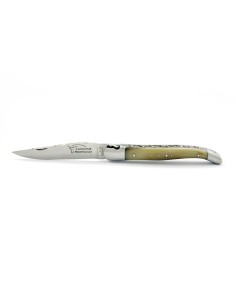 Laguiole pliant 12 cm, abeille forgée, doubles platines avec dos de lame entier ciselé, mitres inox mat, manche pointe de corne 2